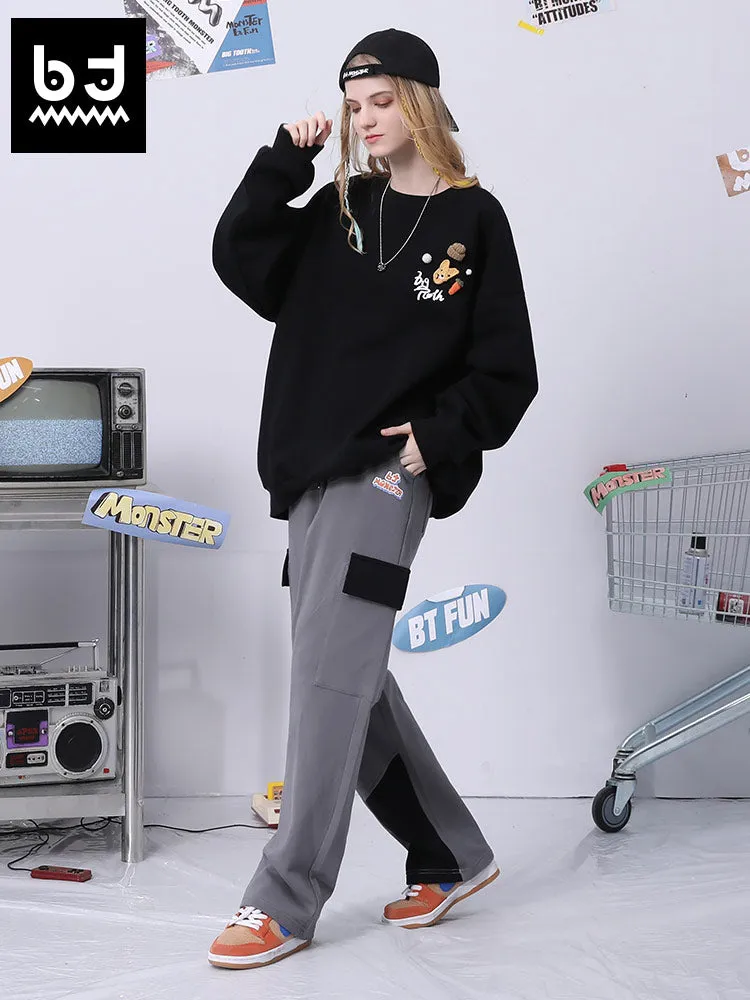 Color contrast patchwork letter print multi-pocket loose straight leg casual sweatpants