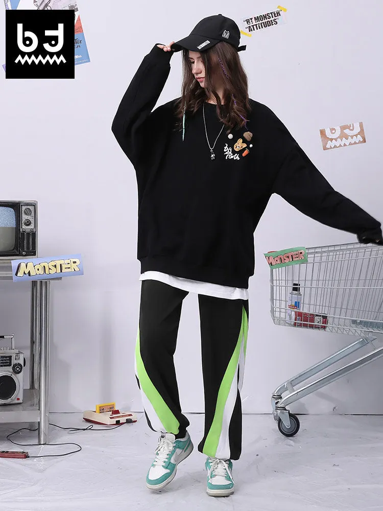 Color contrast patchwork letter-printed medium high waist elastic leg cotton sweatpants