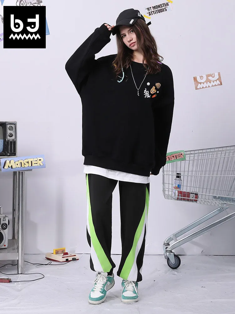 Color contrast patchwork letter-printed medium high waist elastic leg cotton sweatpants