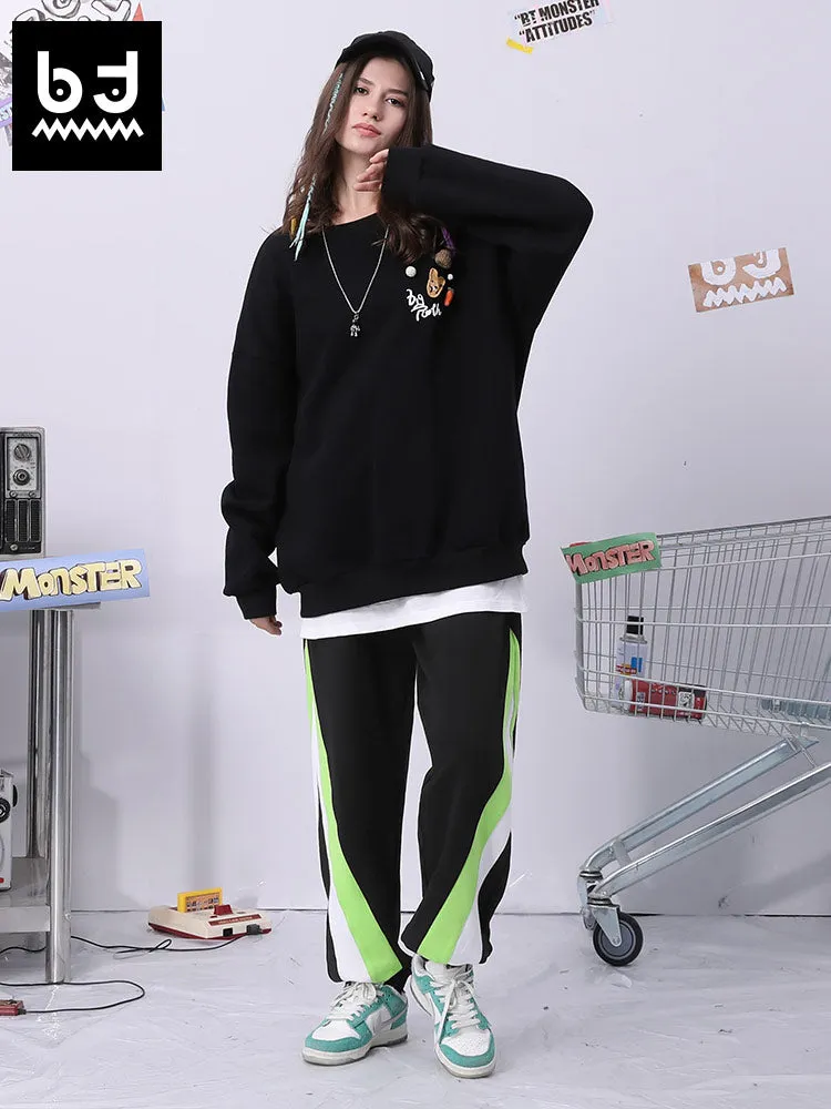 Color contrast patchwork letter-printed medium high waist elastic leg cotton sweatpants