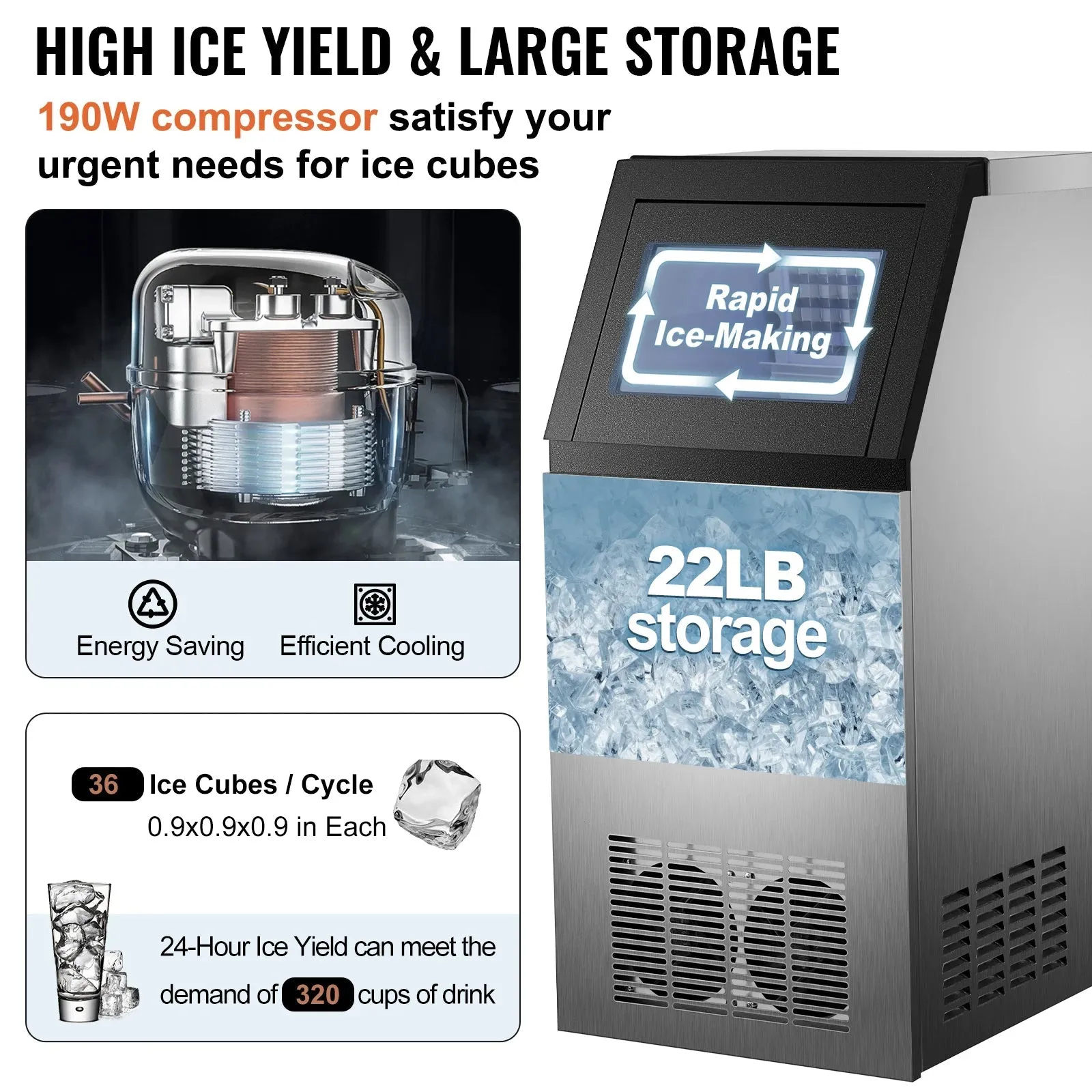 Commercial Ice Maker Ice Cube Machine High Ice Yield and Storage