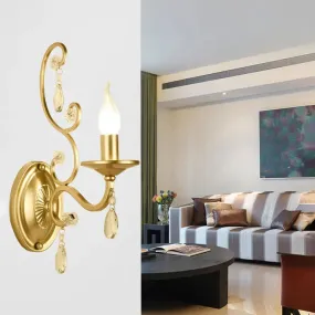 Contemporary Crystal Wall Sconce with Curved Arm and Brass Finish