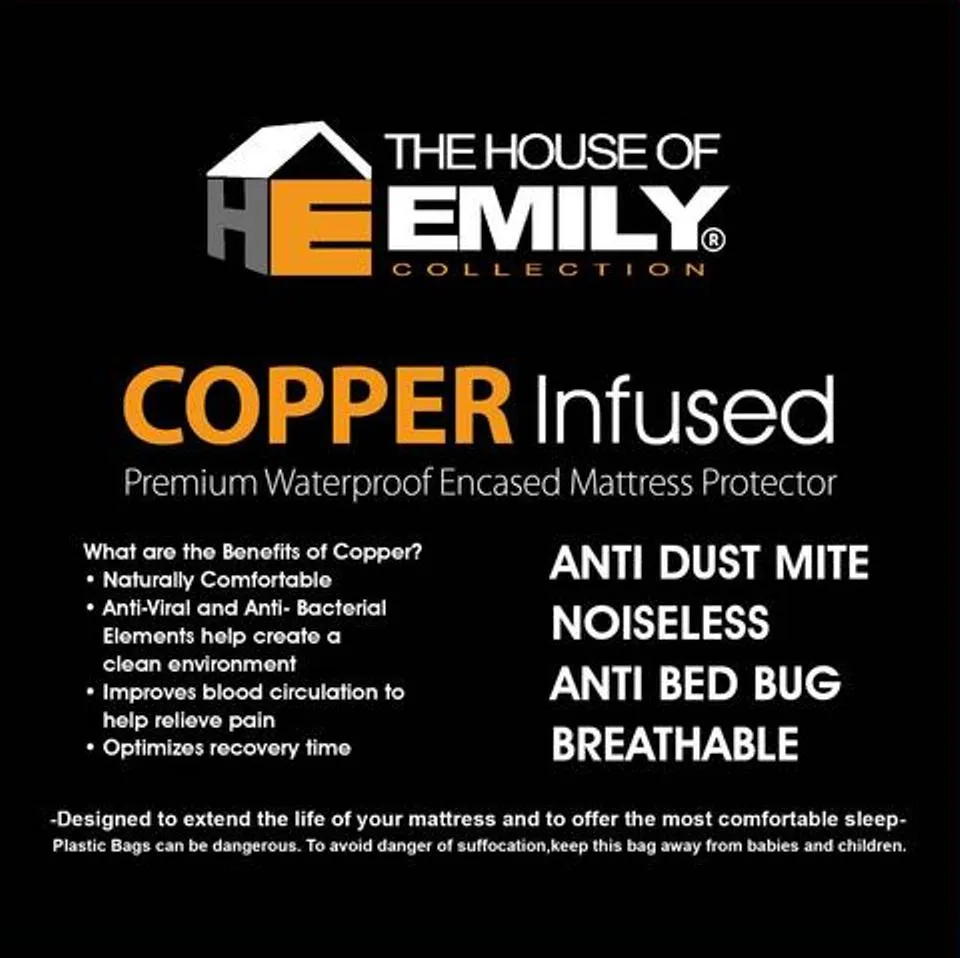 Copper Infused Cushioned Anti Viral Mattress Protector Waterproof Fully Enclosed Zip Closure