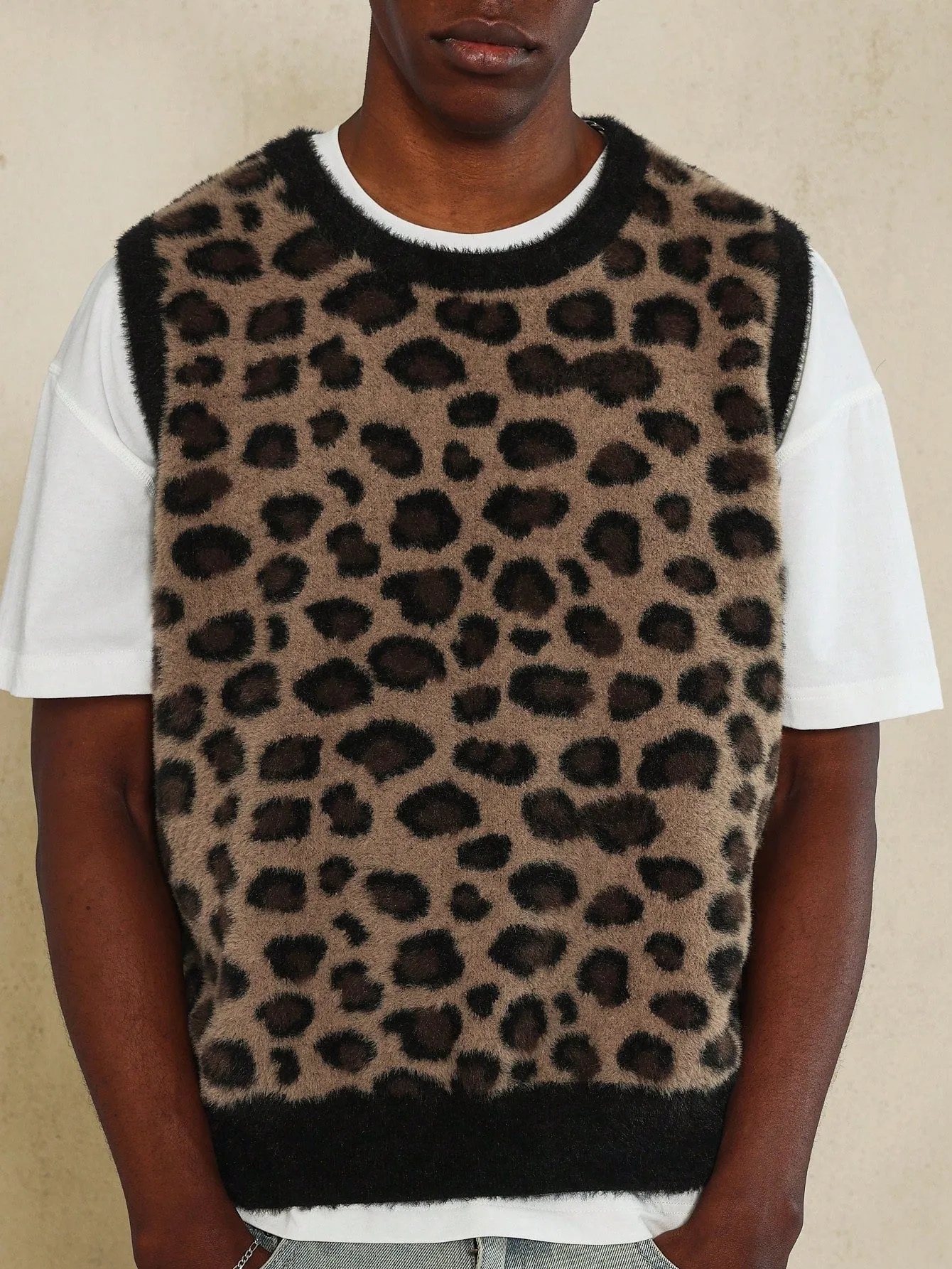 Cozy Knit Leopard Print Sweater Vest With Rib Details At Crew Neck, Arm Holes And Hem