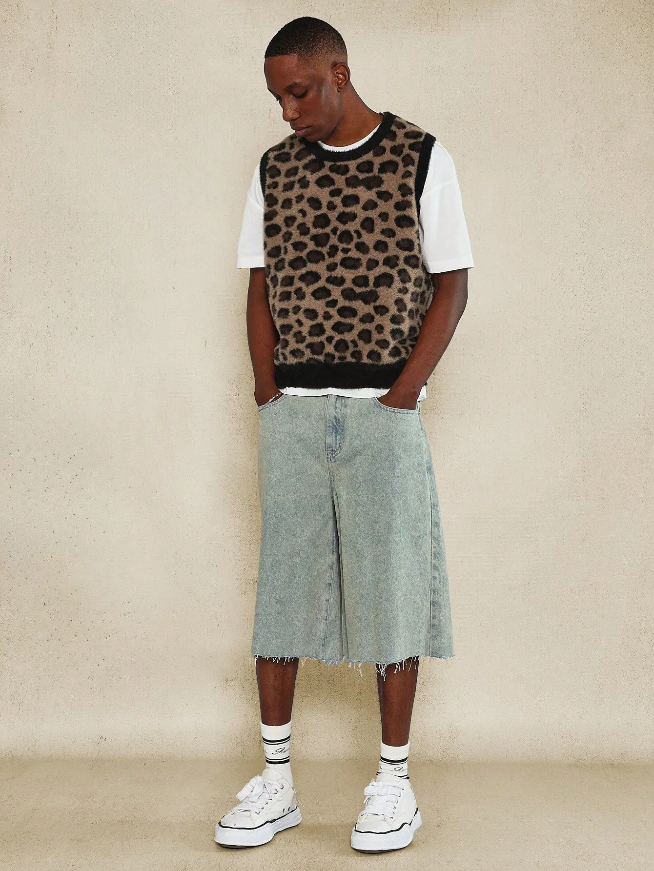 Cozy Knit Leopard Print Sweater Vest With Rib Details At Crew Neck, Arm Holes And Hem