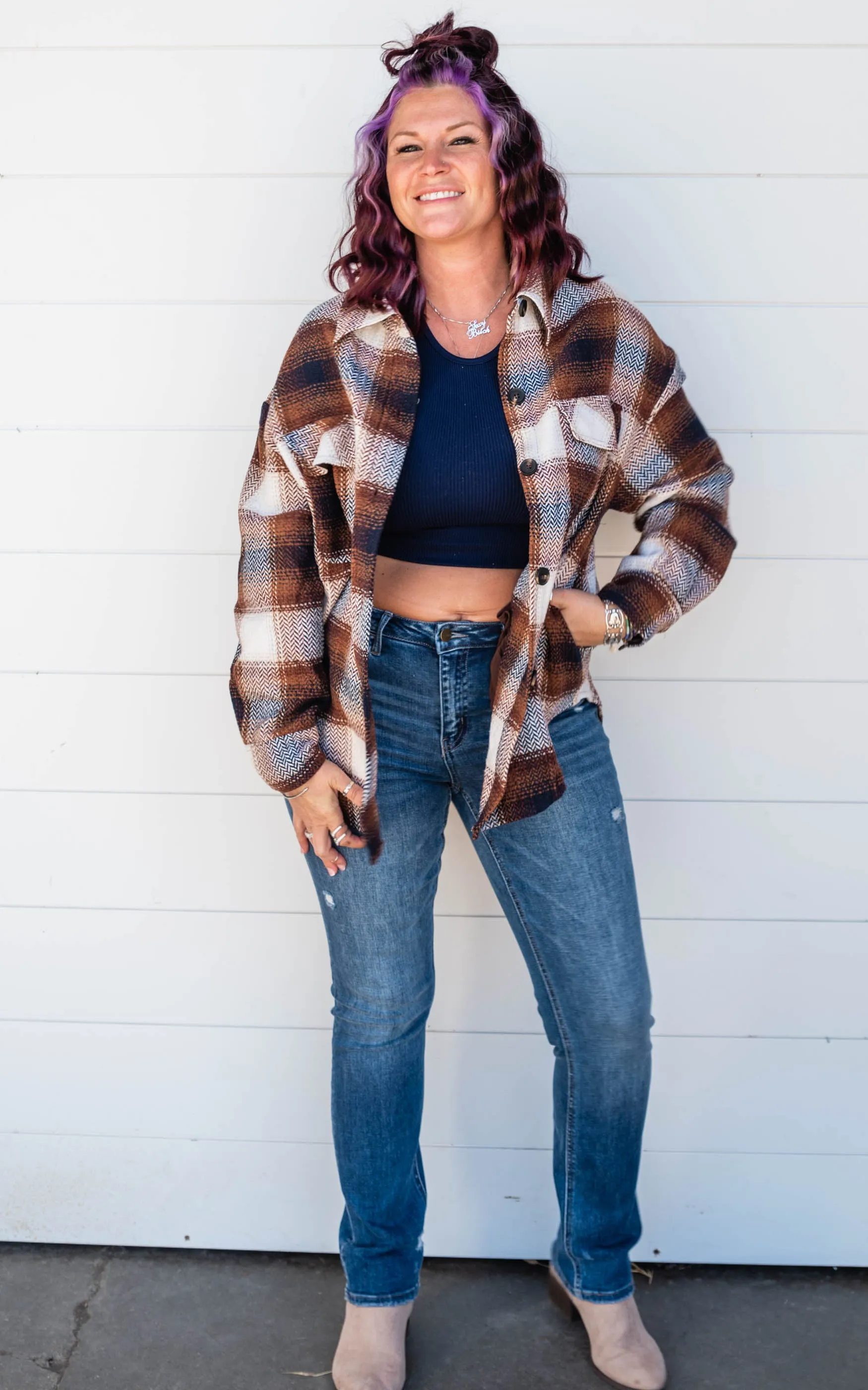 COZY OVERSIZED BROWN PLAID BUTTON DOWN SHIRT JACKET - Final Sale