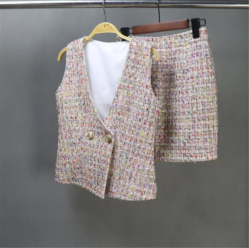 Custom Made 3 Pieces Suit Pink Tweed Coat Jacket Blazer  Vest   Skirt