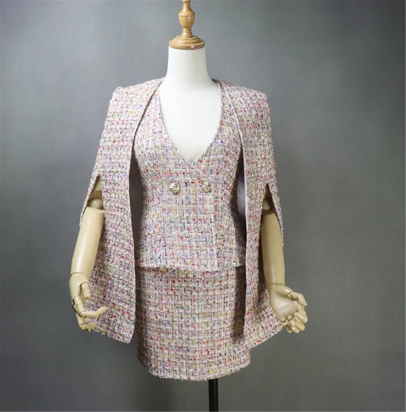 Custom Made 3 Pieces Suit Pink Tweed Coat Jacket Blazer  Vest   Skirt