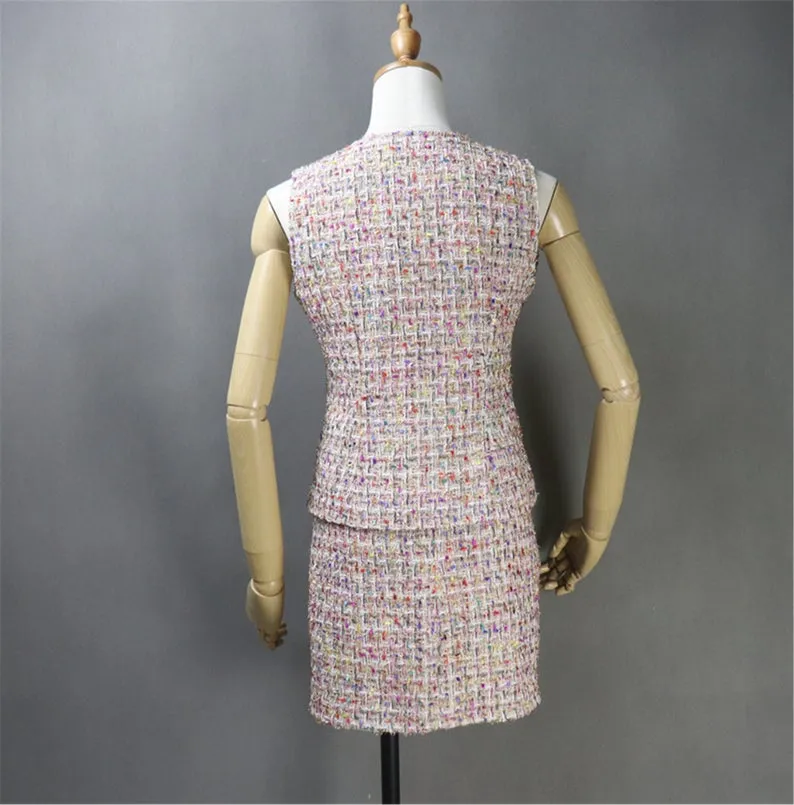 Custom Made 3 Pieces Suit Pink Tweed Coat Jacket Blazer  Vest   Skirt