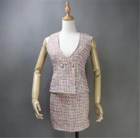 Custom Made 3 Pieces Suit Pink Tweed Coat Jacket Blazer  Vest   Skirt