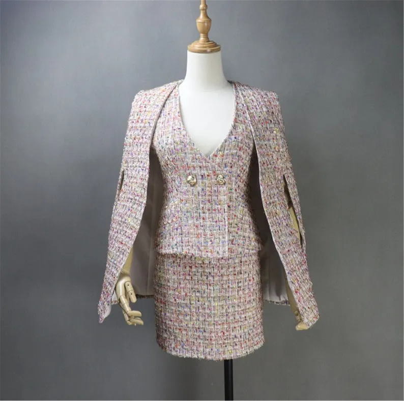 Custom Made 3 Pieces Suit Pink Tweed Coat Jacket Blazer  Vest   Skirt