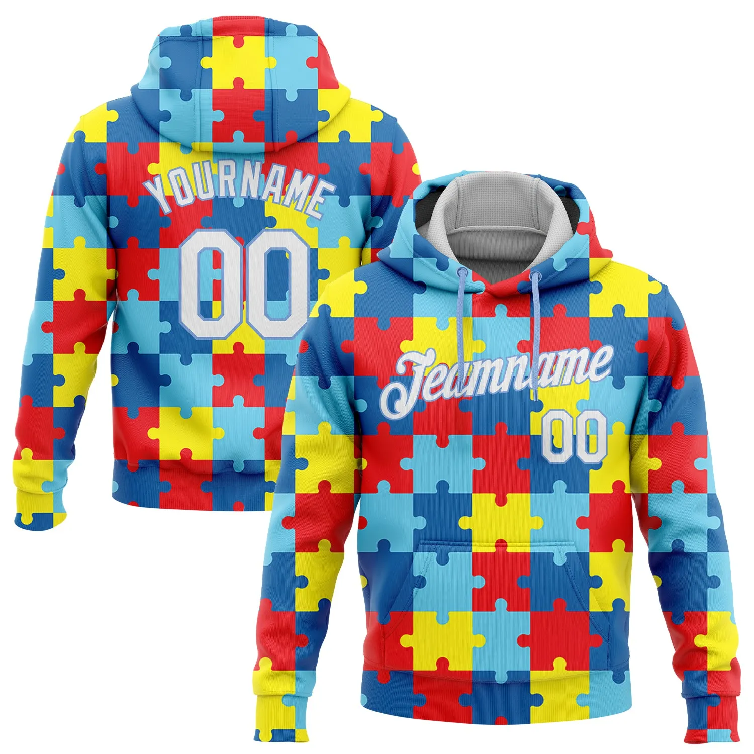 Custom Stitched Autism Awareness Puzzle Pieces White-Light Blue 3D Pattern Design Sports Pullover Sweatshirt Hoodie