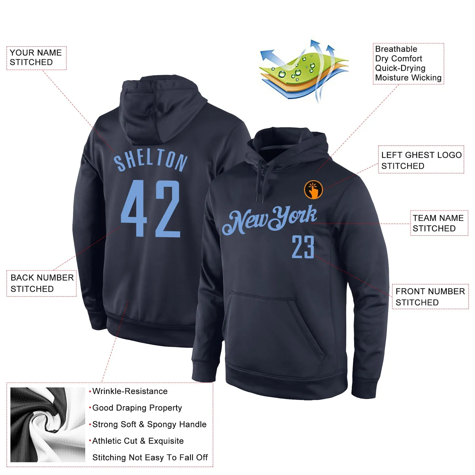 Custom Stitched Navy Light Blue Sports Pullover Sweatshirt Hoodie