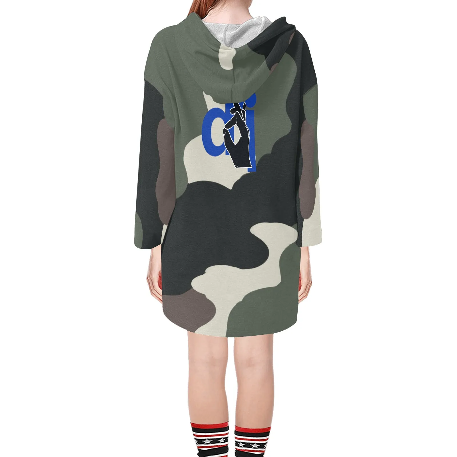 Descendants of the Island Dolphin Camo 9 Blue Women's V-neck Step Hem Tunic Hoodie (Model H25)