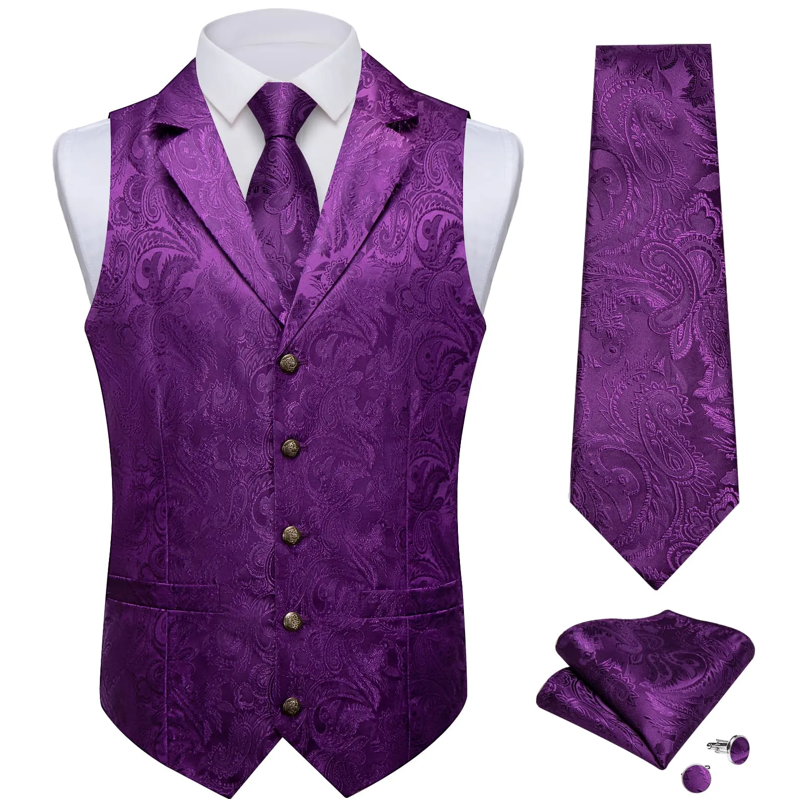 DiBanGu Purple Paisley Silk Notched Collar Slim Fit Mens Waistcoat Tie Set