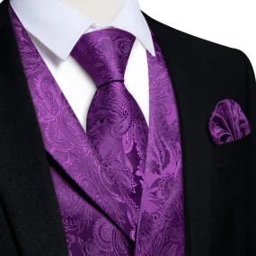 DiBanGu Purple Paisley Silk Notched Collar Slim Fit Mens Waistcoat Tie Set