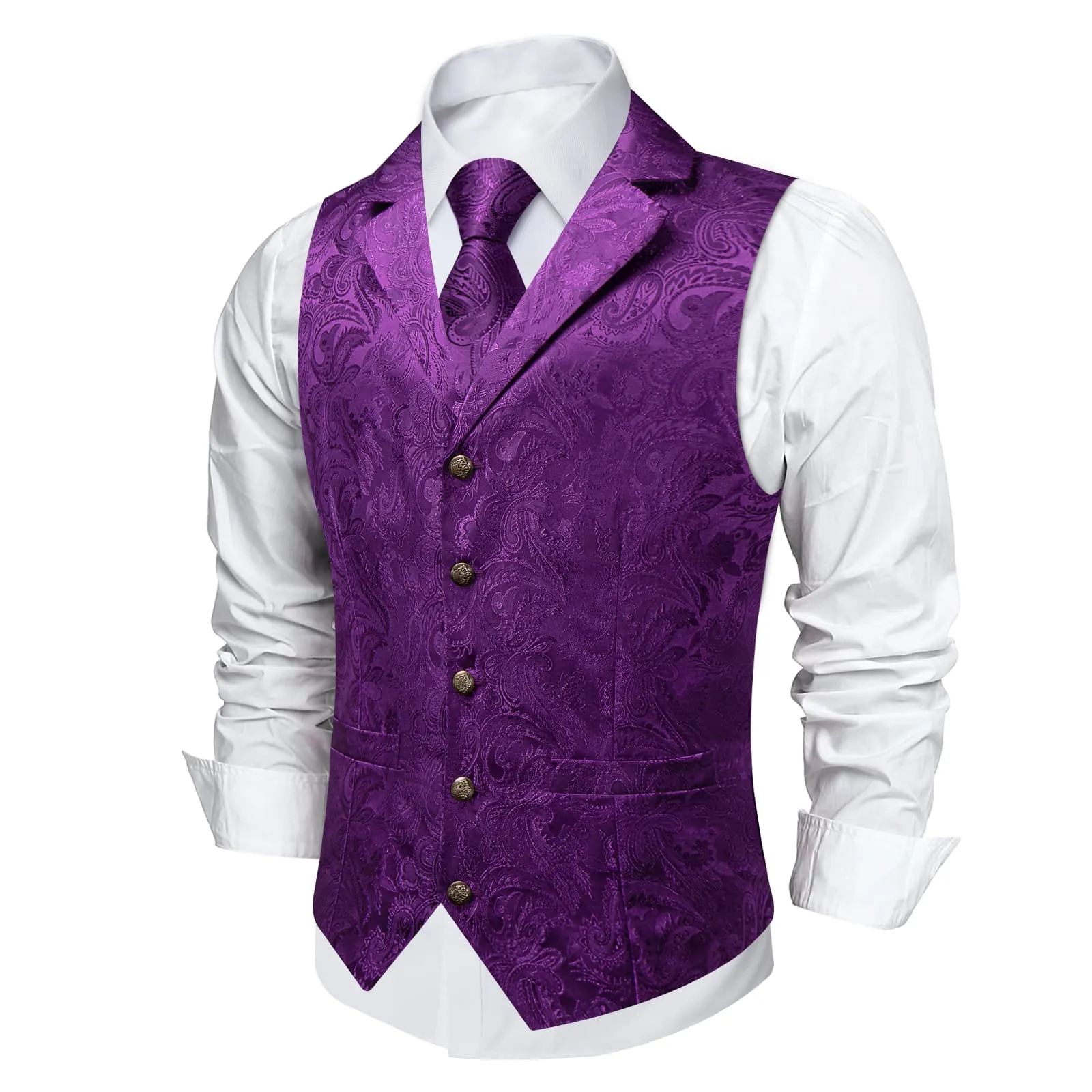 DiBanGu Purple Paisley Silk Notched Collar Slim Fit Mens Waistcoat Tie Set