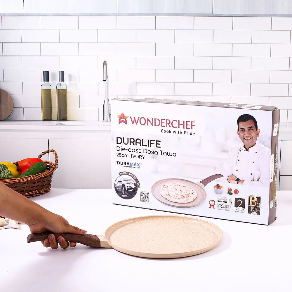 Duralife Die-cast 28 cm Dosa Tawa | 5 Layer Healthy Duramax Non-Stick Coating | Soft Touch Handle | Pure Grade Aluminium | PFOA Free | 2 Year Warranty | Ivory