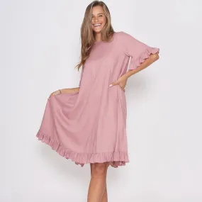 Dusky Pink Dress with pretty sleeve detail and hem line.