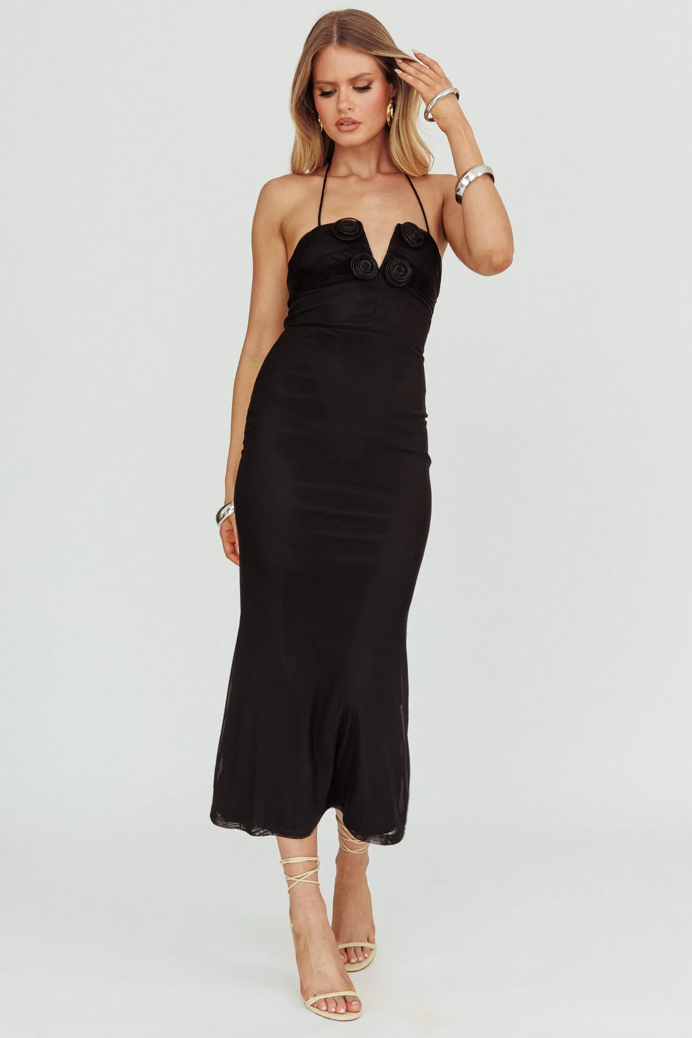 Elderberry Bodycon Halter Neck Midi Dress Black