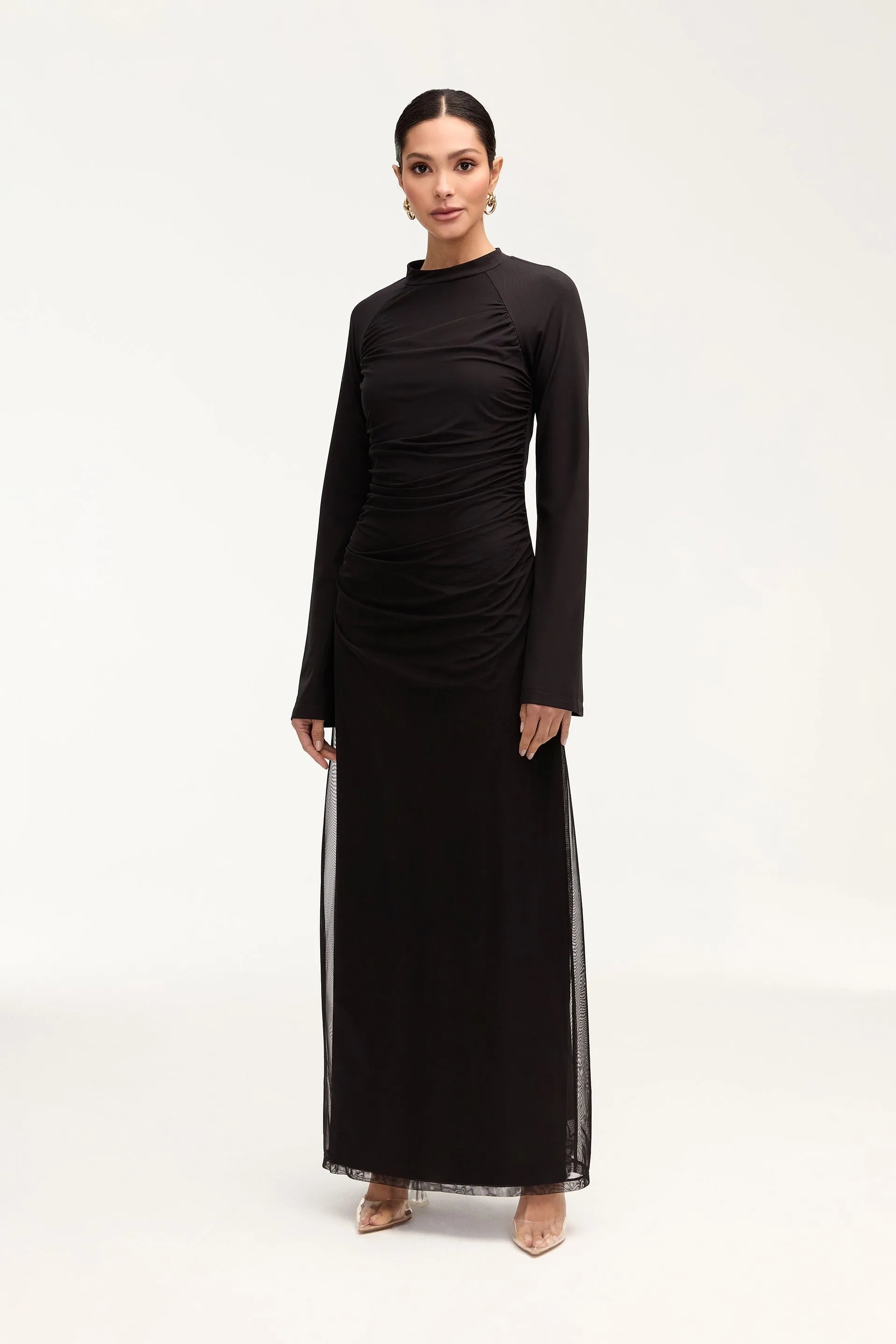 Emilia Rouched Mesh Maxi Dress - Black