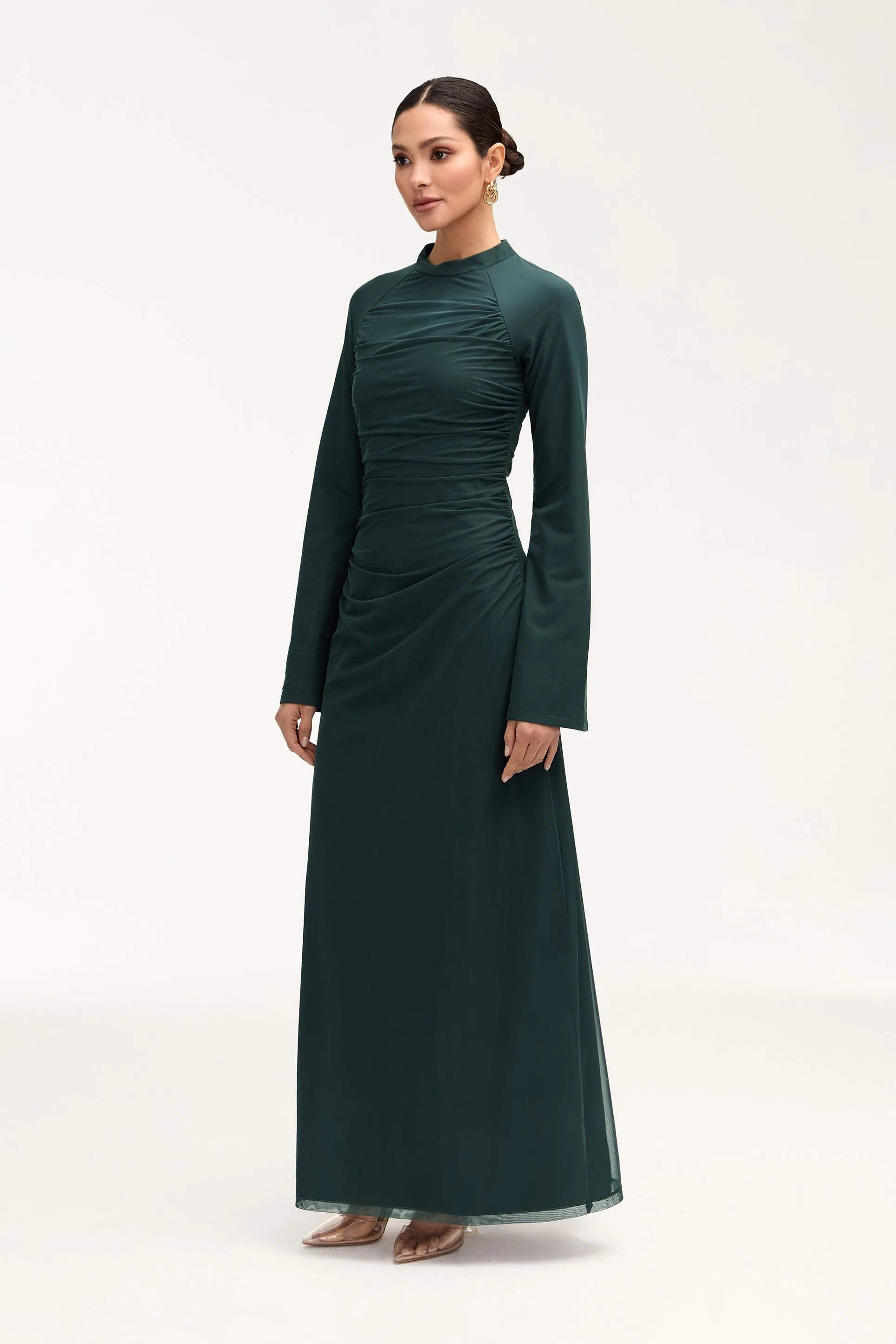 Emilia Rouched Mesh Maxi Dress - Enchanted Forest