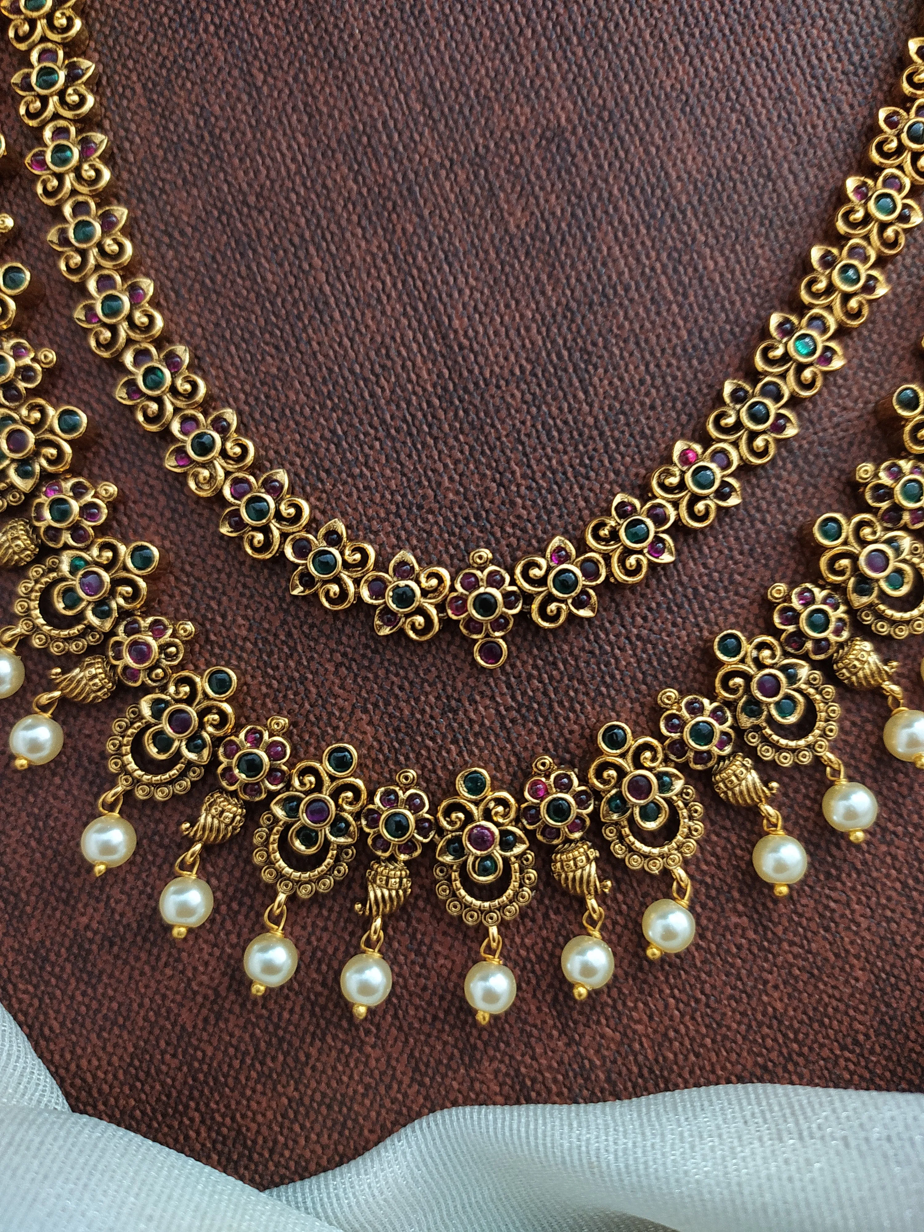 Enchanting Elegance of Dual Layer Kemp Stone Antique Long Haram Set with Pearls