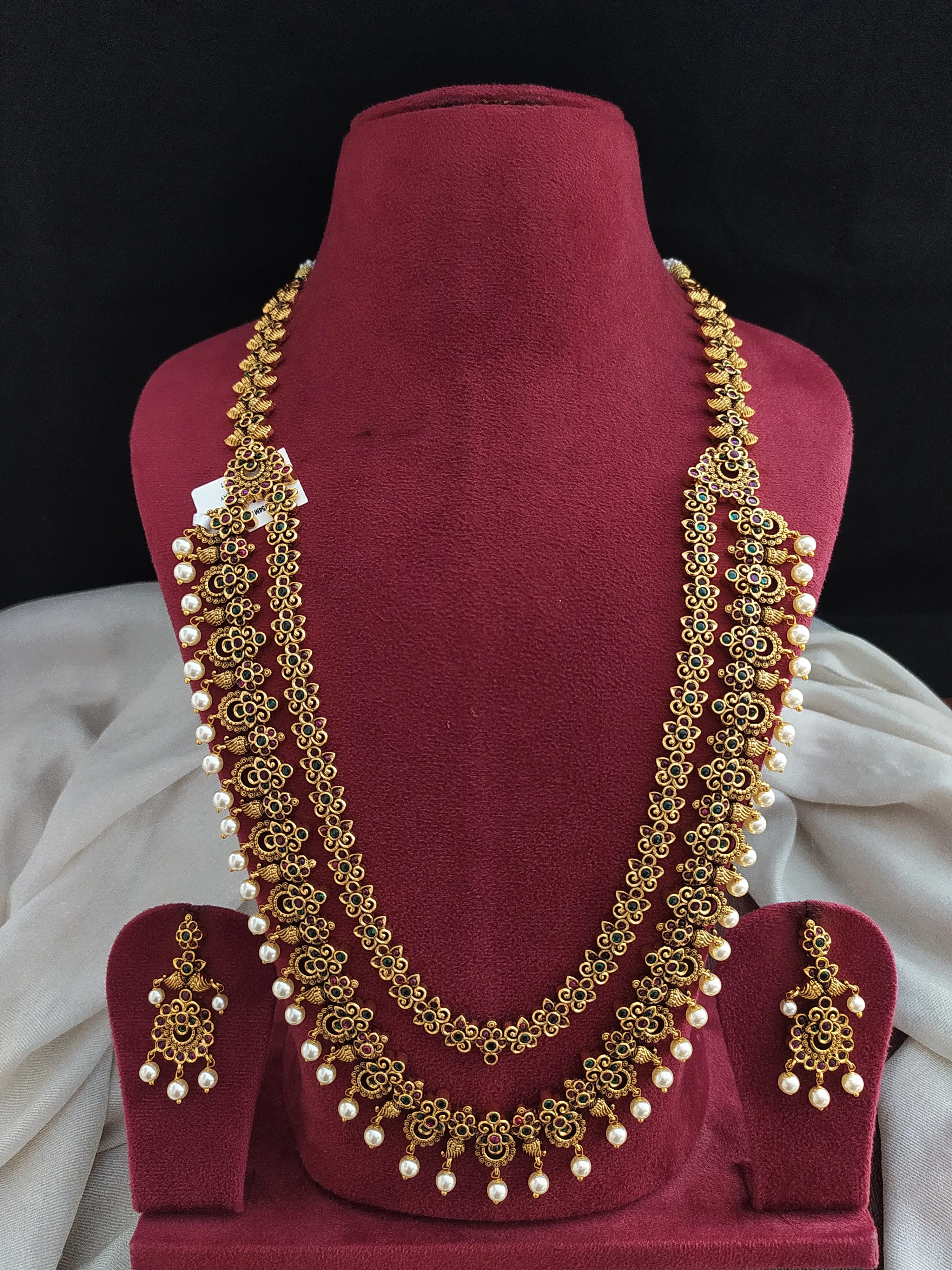 Enchanting Elegance of Dual Layer Kemp Stone Antique Long Haram Set with Pearls