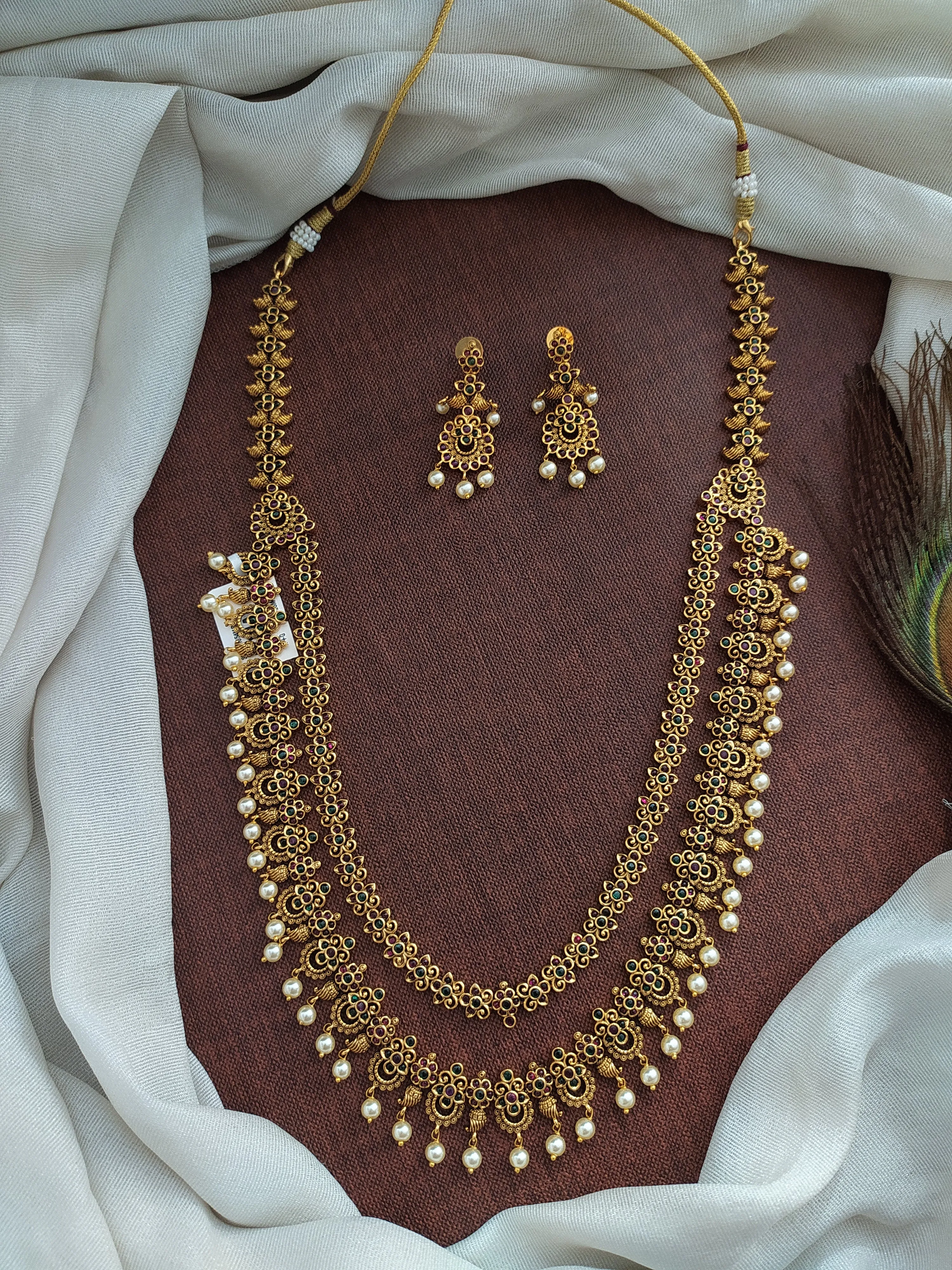 Enchanting Elegance of Dual Layer Kemp Stone Antique Long Haram Set with Pearls