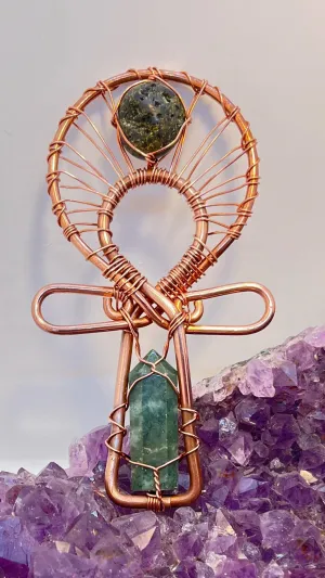 Epidote Crystal and Jade Copper POCKET Ankh