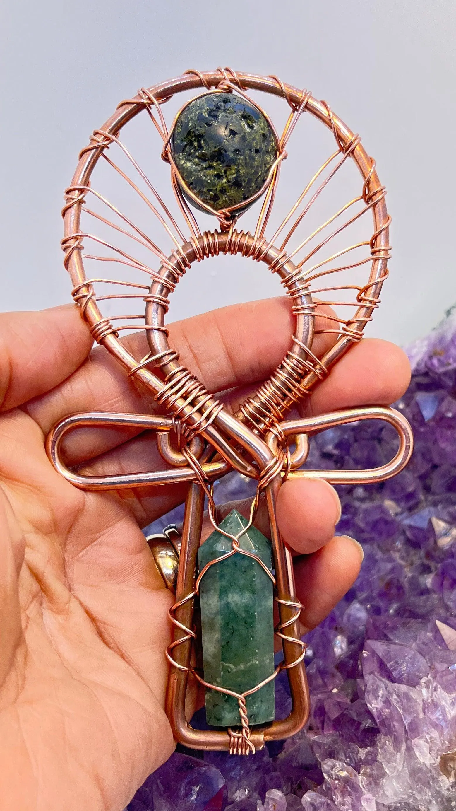 Epidote Crystal and Jade Copper POCKET Ankh