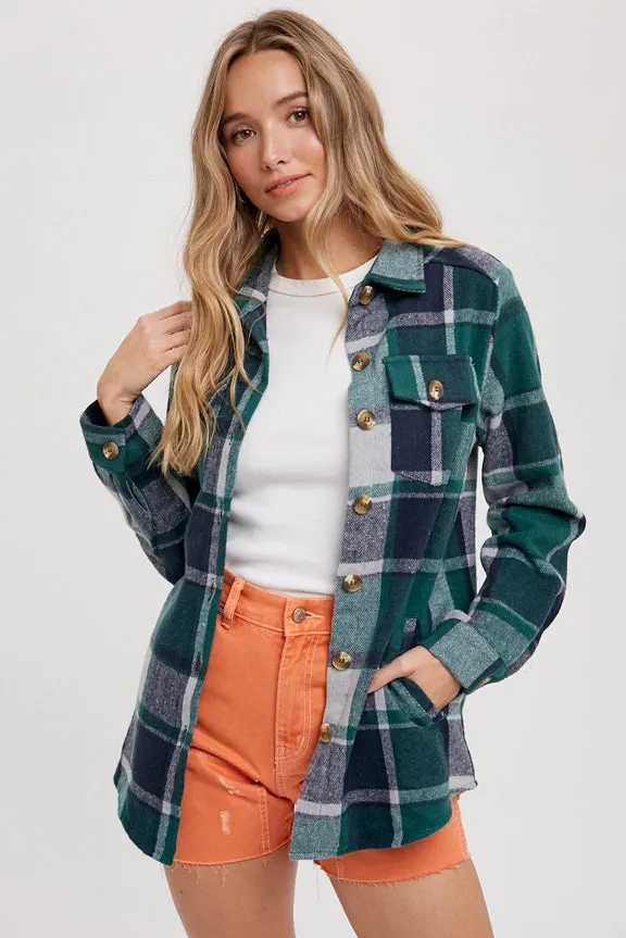 Flannel Green Plaid Shacket with Pockets