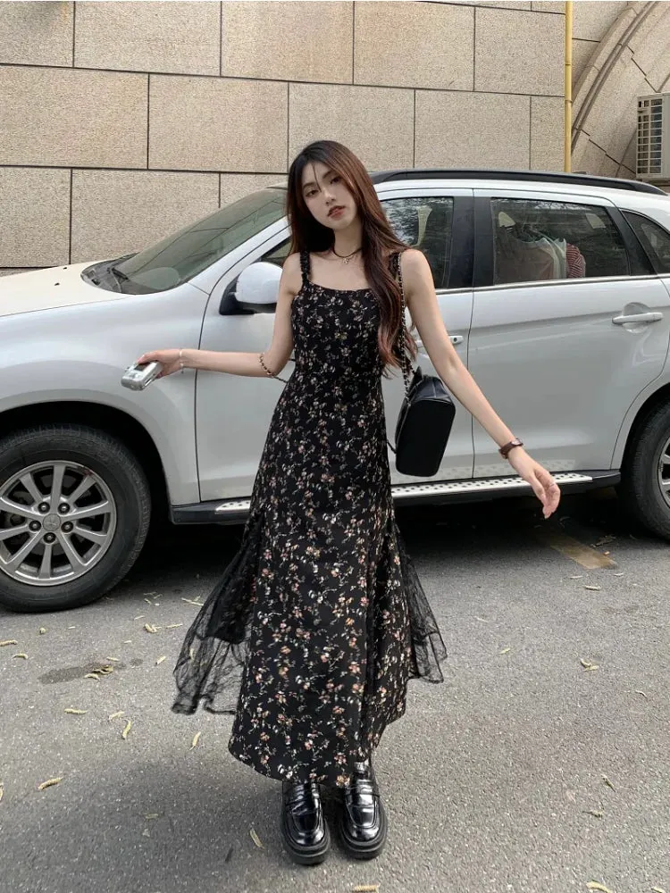 Girlary Y2k Vintage Black Mesh Dress Women Korean Reviews Many Dresses Fairy Floral Summer One Piece Midi Slip Chiffon Vestidos