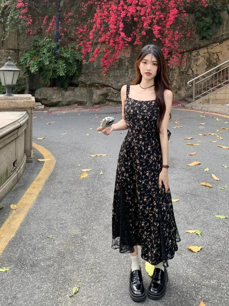 Girlary Y2k Vintage Black Mesh Dress Women Korean Reviews Many Dresses Fairy Floral Summer One Piece Midi Slip Chiffon Vestidos