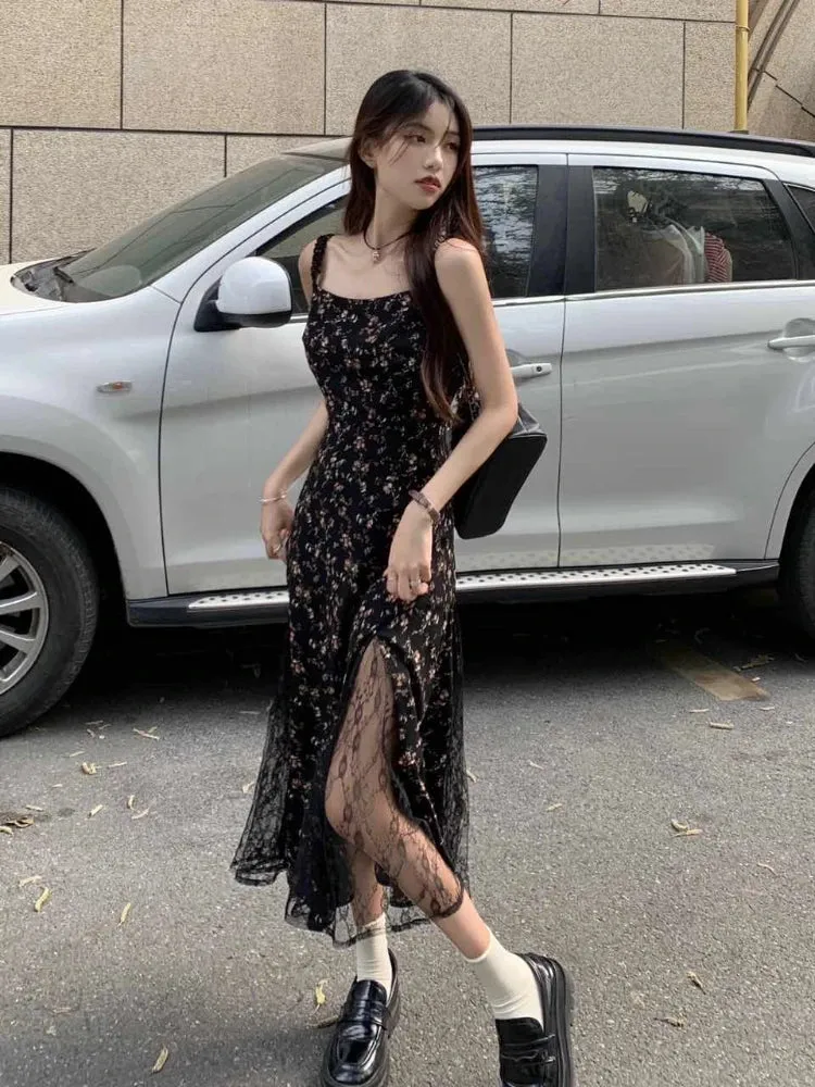 Girlary Y2k Vintage Black Mesh Dress Women Korean Reviews Many Dresses Fairy Floral Summer One Piece Midi Slip Chiffon Vestidos