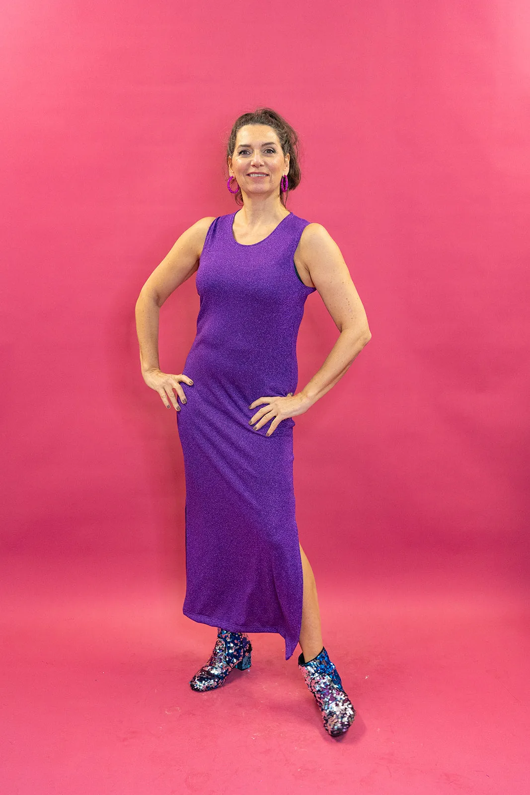 Glitter Lurex Maxi Dress in Purple