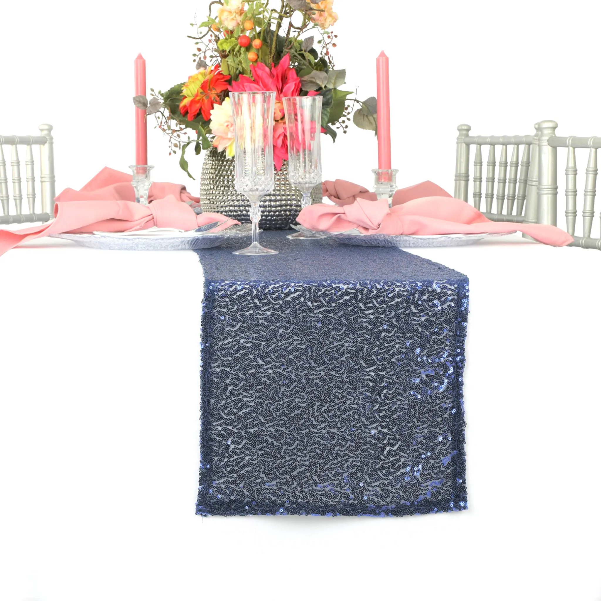 Glitz Sequin Mesh Net Table Runner 12"x108" - Navy Blue