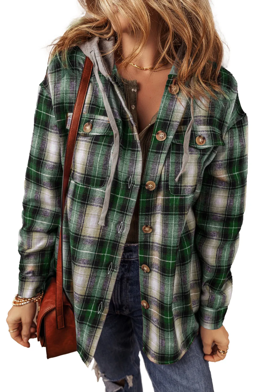 Green Plaid Print Chest Pocket Button Hooded Shacket