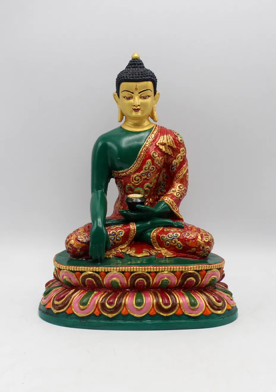 Hand Painted Shakyamuni Buddha Resin Statue Double Lotus 9" H