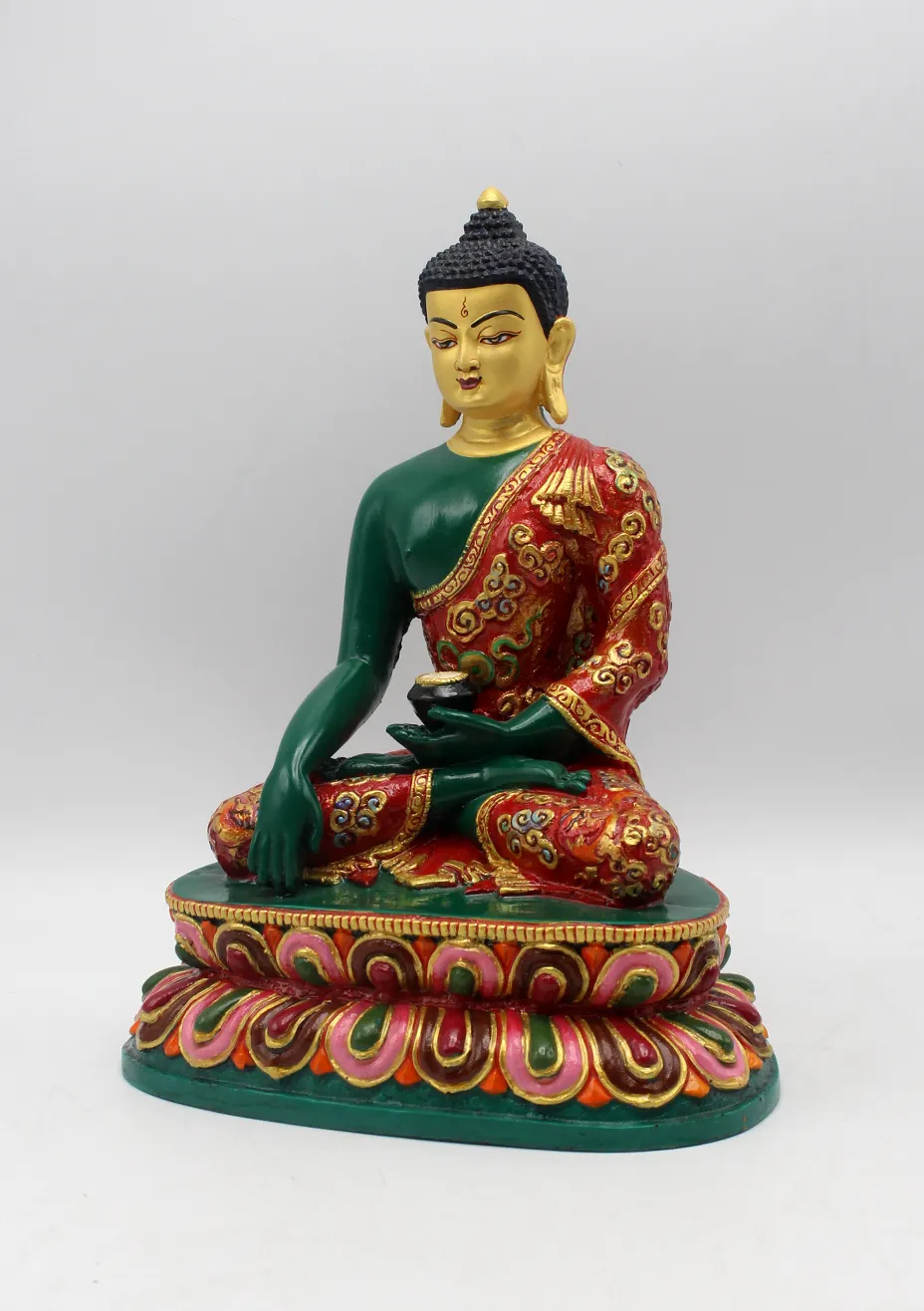 Hand Painted Shakyamuni Buddha Resin Statue Double Lotus 9" H