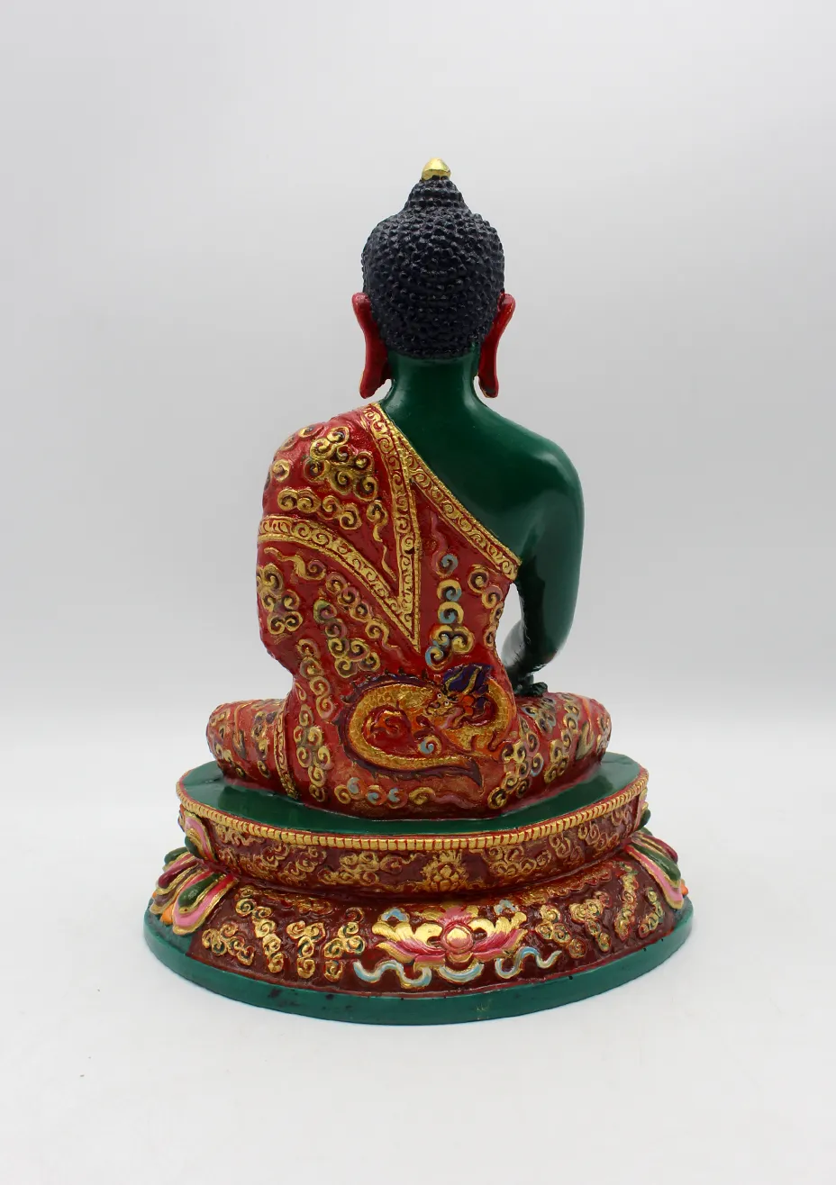 Hand Painted Shakyamuni Buddha Resin Statue Double Lotus 9" H