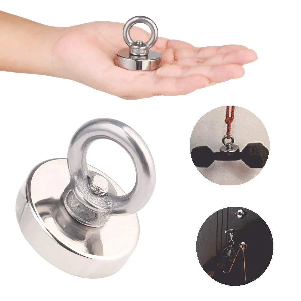 JAKAGO 75 LBS(34 KG) Pulling Forces Strong Permanent Rare Earth Magnets,Powerful Round Neodymium Magnetic Hooks with Eyebolt for Kitchen Bedroom Magnetic Fishing and Hang Items(2 Pieces)