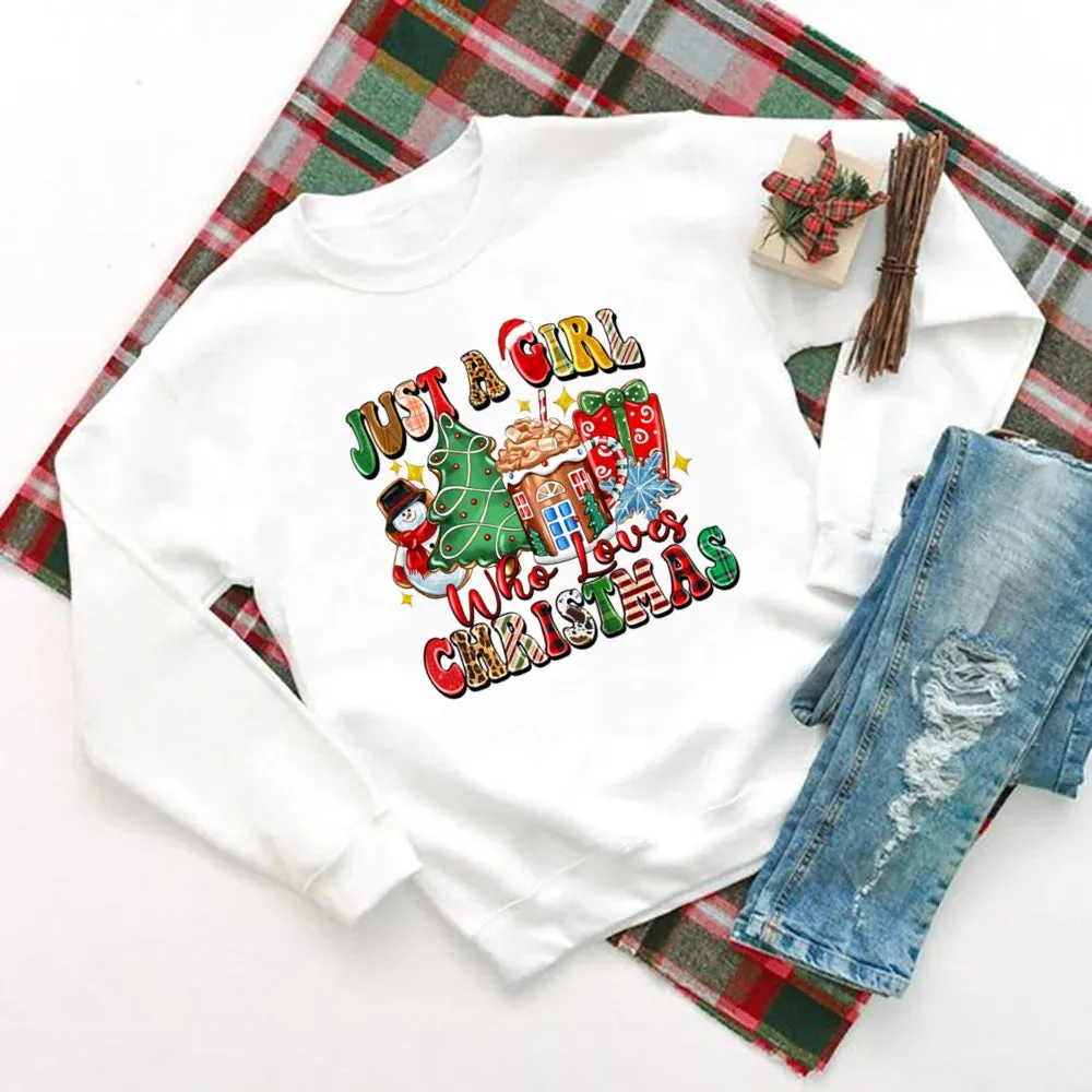 Just A Girl Who Loves Christmas Printed Sweatshirt Women Christmas Sweatshirt Top Holiday Sweater Winter Holiday Outfit Sweatshirts