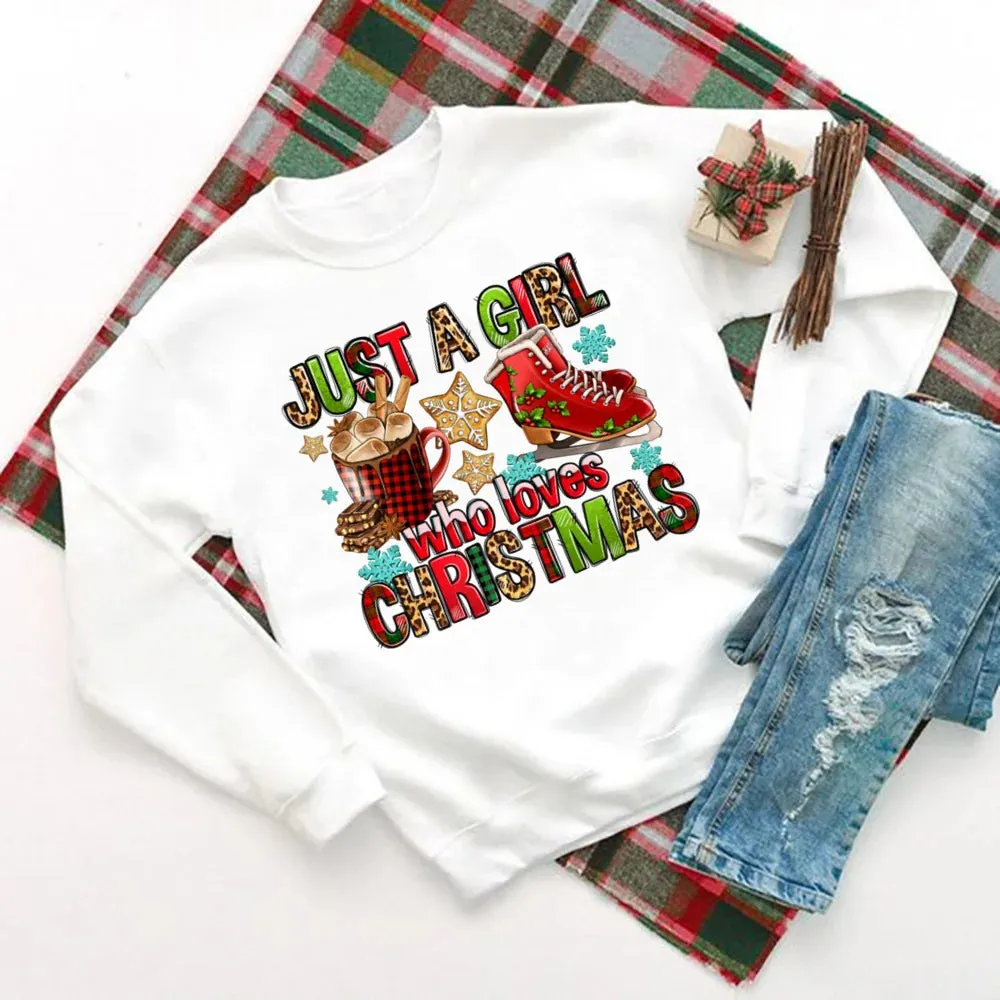 Just A Girl Who Loves Christmas Printed Sweatshirt Women Christmas Sweatshirt Top Holiday Sweater Winter Holiday Outfit Sweatshirts