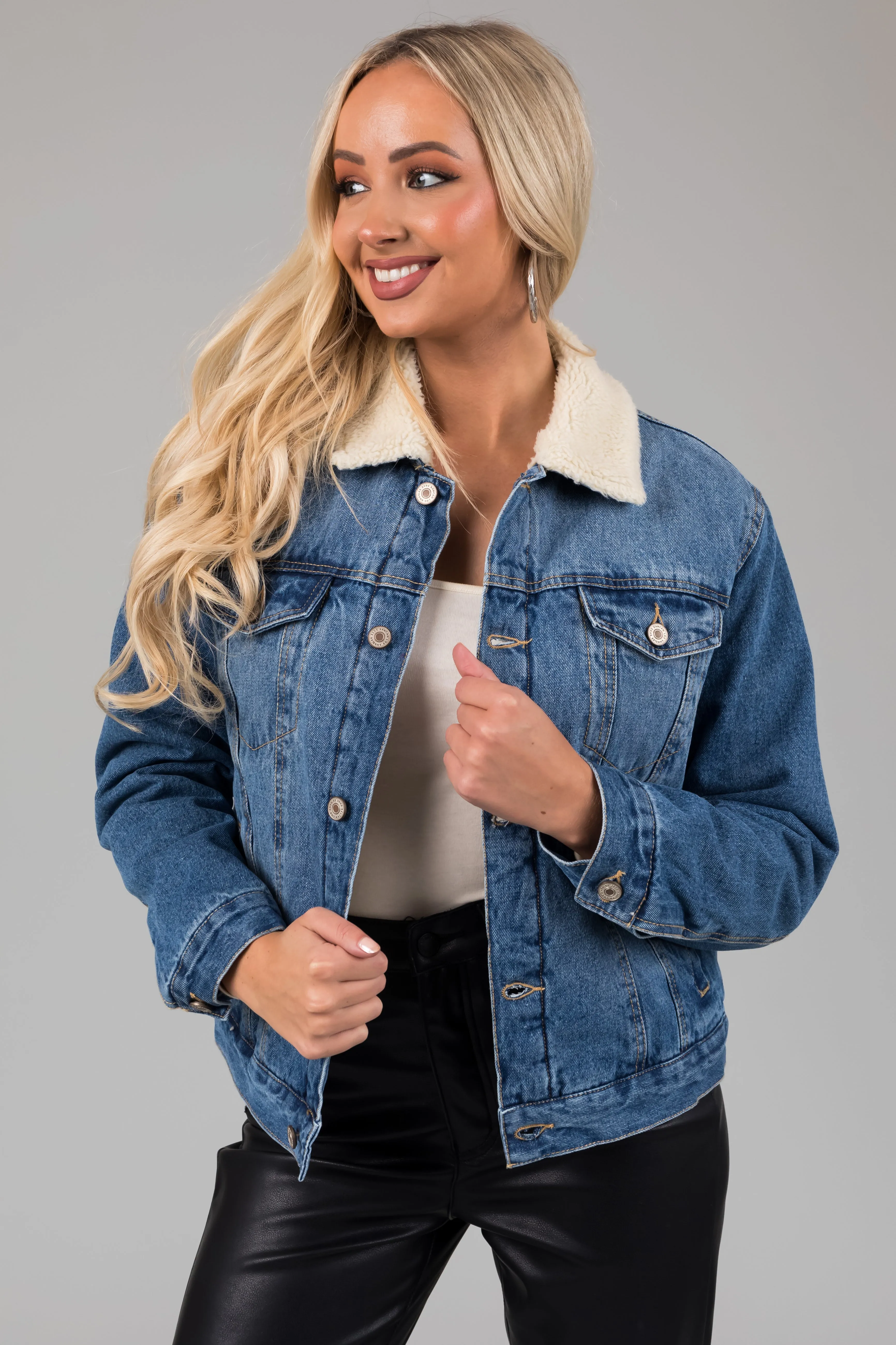 KanCan Medium Wash Long Sleeve Denim Jacket