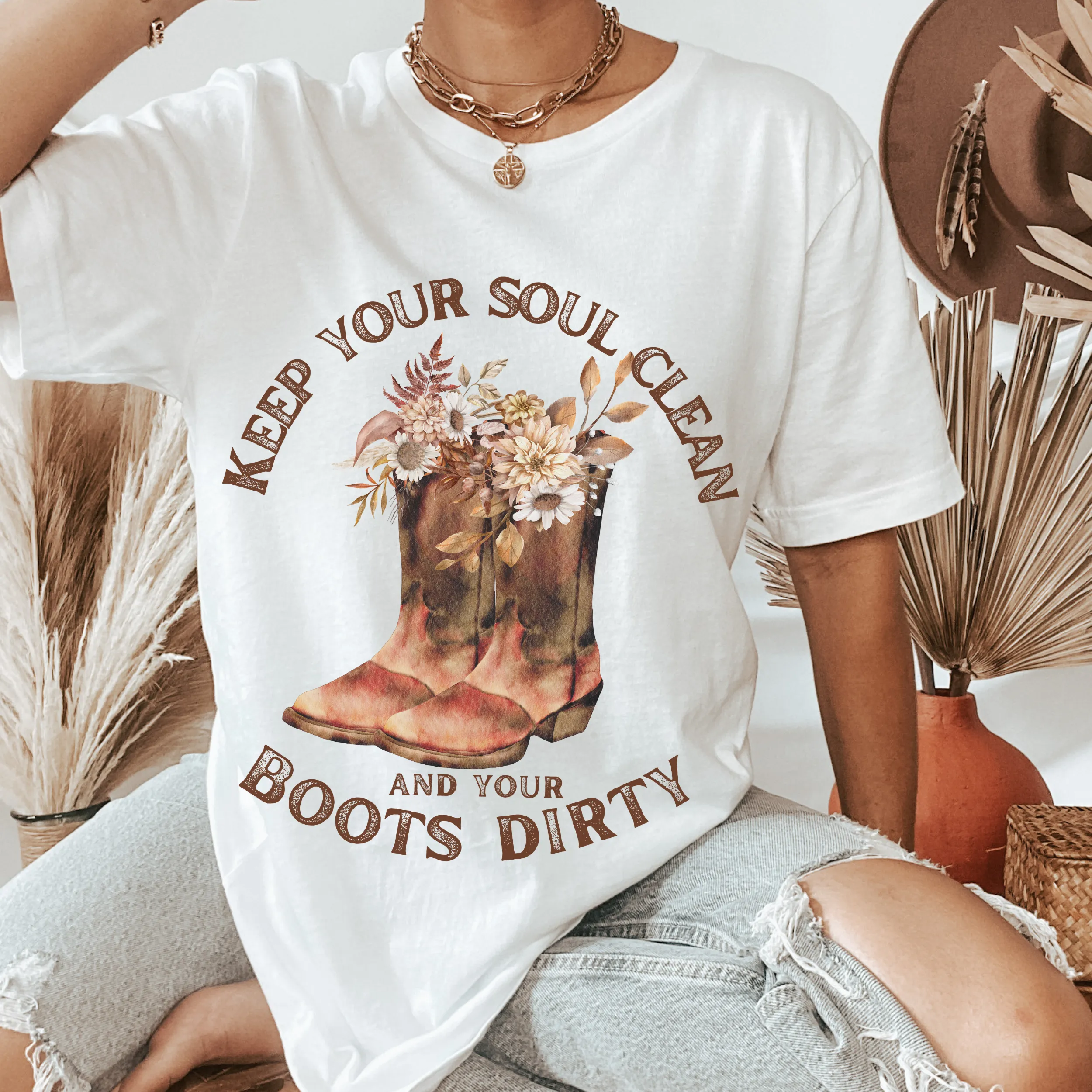 Keep Your Soul Clean and Your Boots Dirty Bella Canvas® Unisex Jersey Short Sleeve Tee in Natural or White Pretty Watercolor Flowers and Cowboy Boots