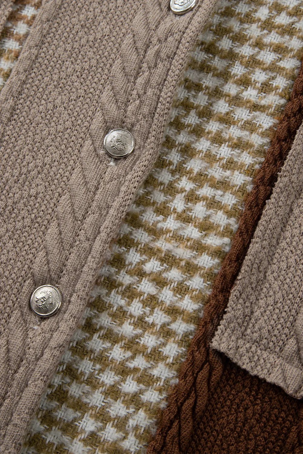 Khaki Houndstooth Textured Patchwork Loose Shacket