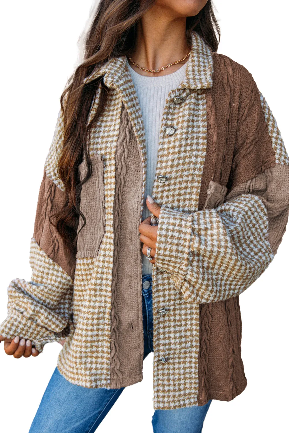 Khaki Houndstooth Textured Patchwork Loose Shacket