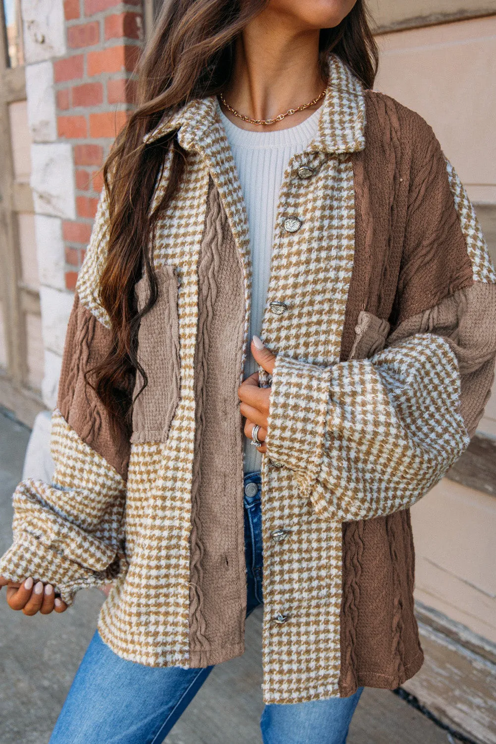 Khaki Houndstooth Textured Patchwork Loose Shacket