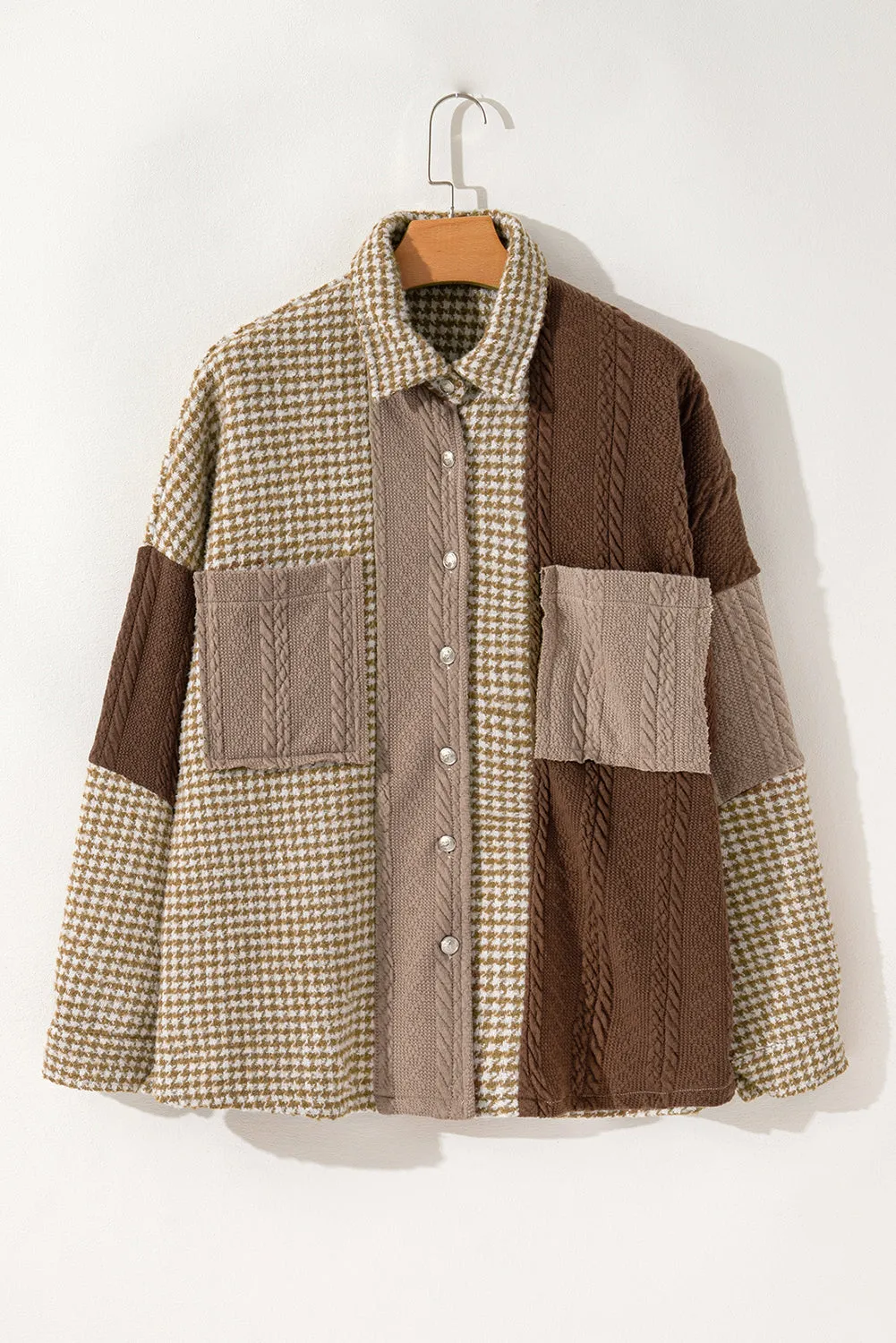 Khaki Houndstooth Textured Patchwork Loose Shacket